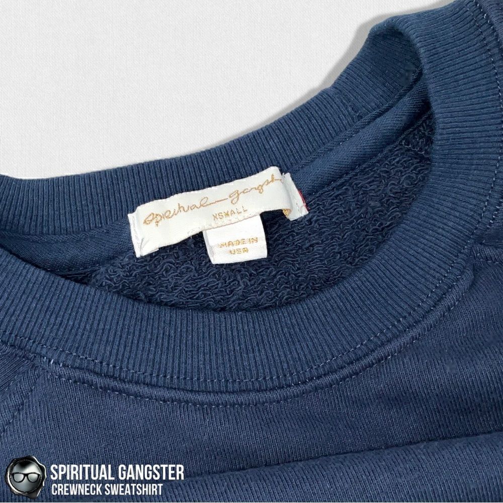 SPIRITUAL GANGSTER WOMEN’S COTTON VARSITY CREWNECK SWEATSHIRT VINTAGE NAVY BLUE - Picture 4 of 12